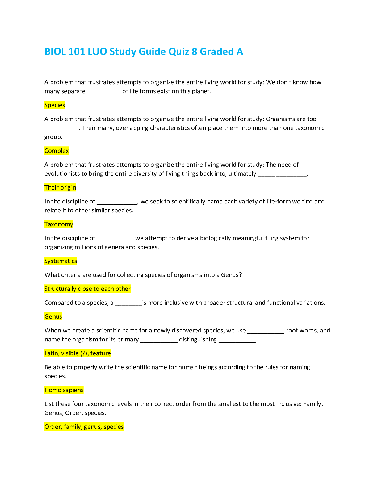 Preview image for BIOL 101 LUO Study Guide Quiz 8 Graded A